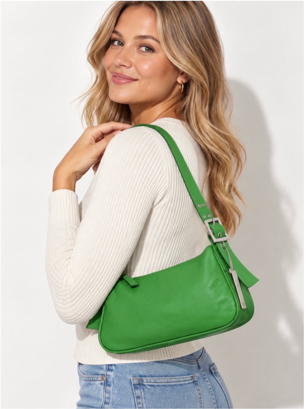 NWT FREE PEOPLE | Arm Candy Handbag In Cut Grass Green Rivet Detail 100% Leather